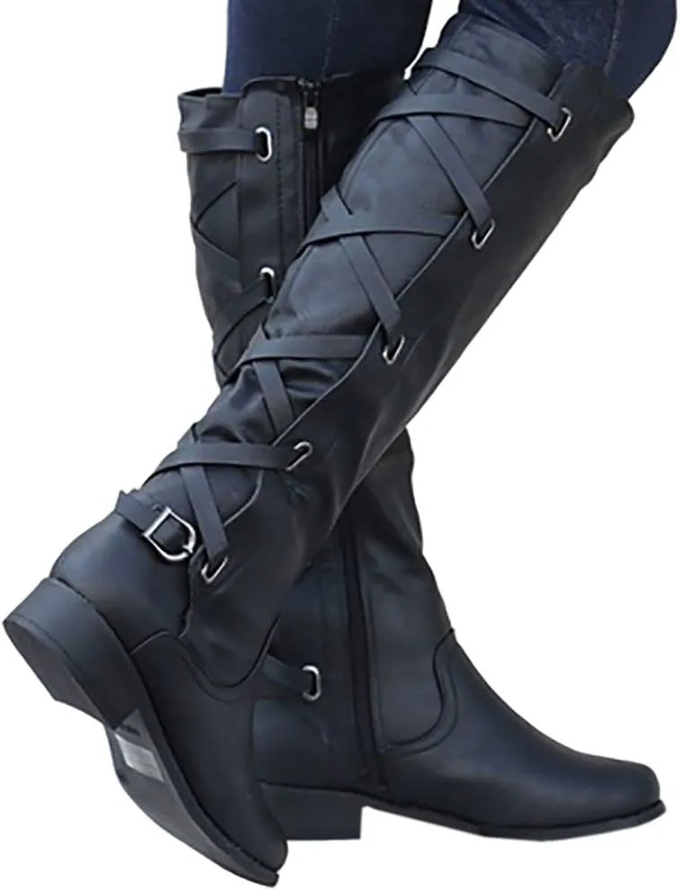 Syktkmx Womens Strappy Motorcycle Knee High Boots Winter Lace Up Riding Flat Low Heel Shoes