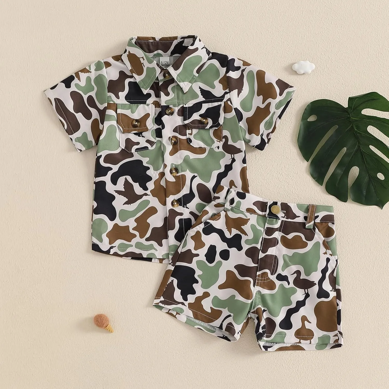 Toddler Baby Boy Hunting Outfit Duck Camo Button Down Short Sleeve Shirt Top and Shorts Set 2Pcs Summer Outfits