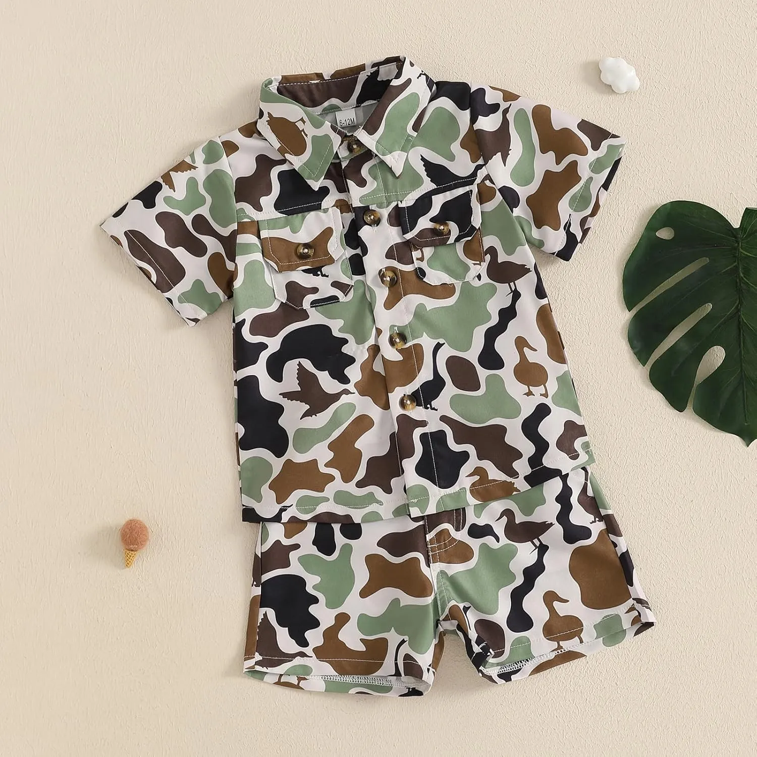 Toddler Baby Boy Hunting Outfit Duck Camo Button Down Short Sleeve Shirt Top and Shorts Set 2Pcs Summer Outfits