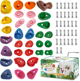 TOPNEW 32 Rock Climbing Holds Multi Size for Kids, Adult Rock Wall Holds Climbing Rock Wall Grips for Indoor and Outdoor Playground Play Set - Includes 2 Inch Mounting Hardware