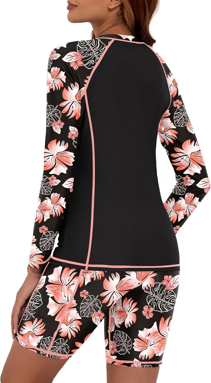 Tournesol Women's 2 Piece Rash Guard Long Sleeve Swim Shirt UV UPF 50  Built in Bra Swimsuit with Board Shorts with Pockets