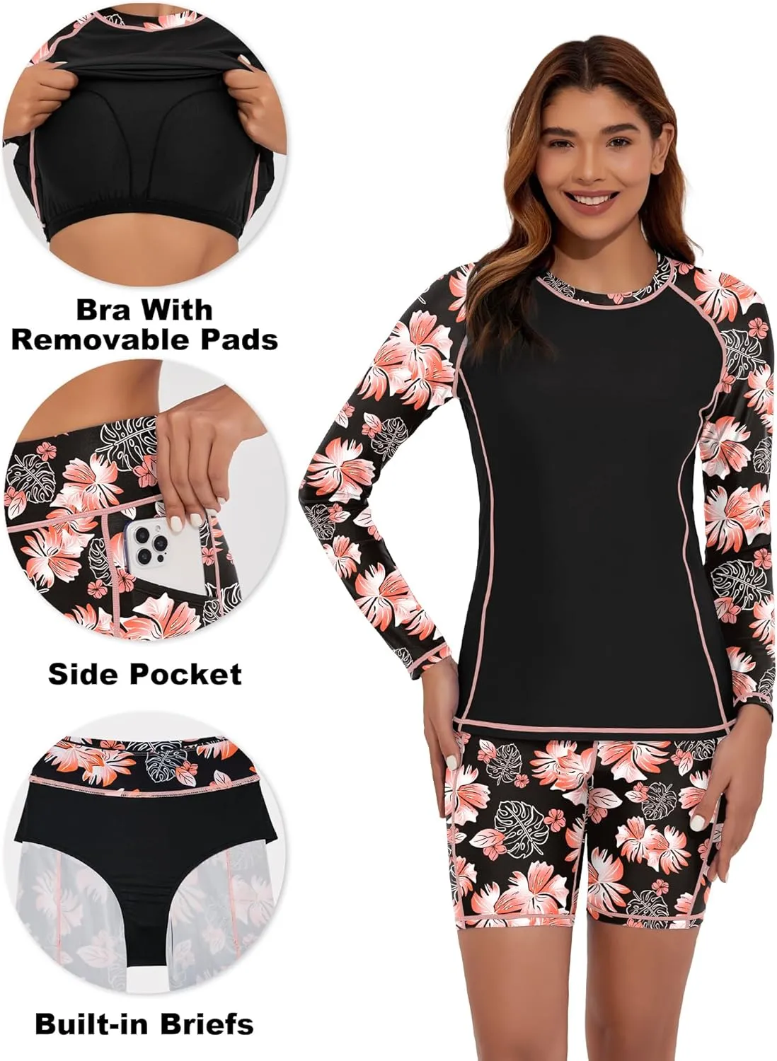 Tournesol Women's 2 Piece Rash Guard Long Sleeve Swim Shirt UV UPF 50  Built in Bra Swimsuit with Board Shorts with Pockets