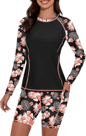 Tournesol Women's 2 Piece Rash Guard Long Sleeve Swim Shirt UV UPF 50  Built in Bra Swimsuit with Board Shorts with Pockets