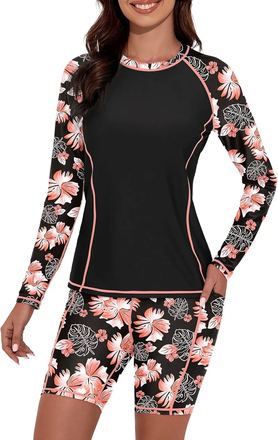Tournesol Women's 2 Piece Rash Guard Long Sleeve Swim Shirt UV UPF 50  Built in Bra Swimsuit with Board Shorts with Pockets