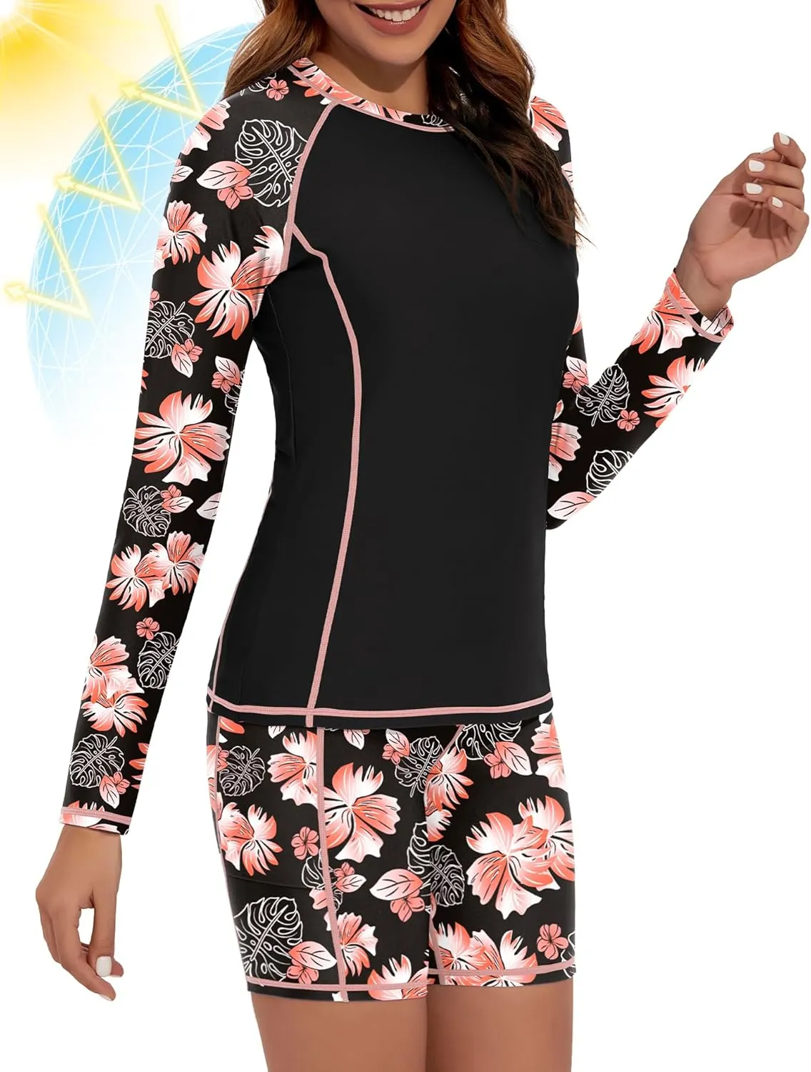 Tournesol Women's 2 Piece Rash Guard Long Sleeve Swim Shirt UV UPF 50  Built in Bra Swimsuit with Board Shorts with Pockets