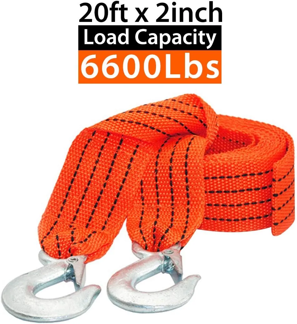 Tow Strap with Hooks 2in X20Ft Recovery Strap 10,000LB Break Strengthened Towing Rope for Towing Vehicles in Roadside Emergency