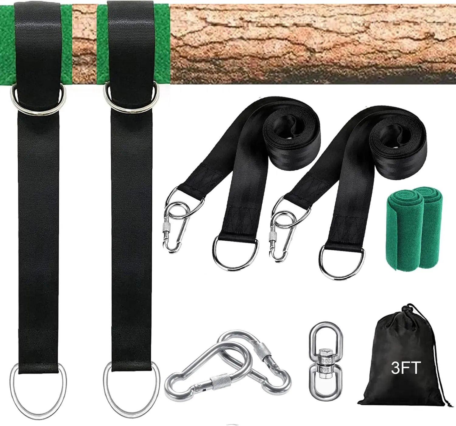 Tree Swing Hammock Straps Kit 3FT, Strong & Durable Tree Swing Straps Hanging Kit with Tree Protector, Safer Lock Snap Carabiner Hooks, Holds Up to 5000 lbs, Safer & Easy Installation for Baby Adults