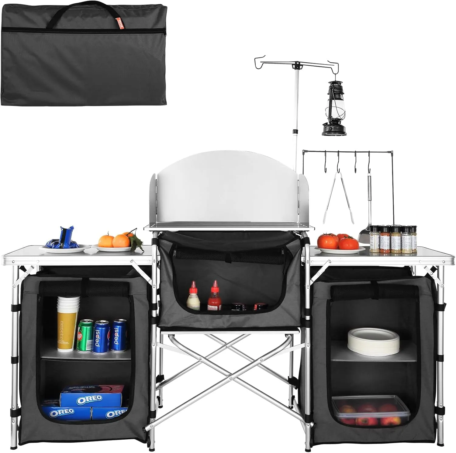 VBENLEM Camping Kitchen Table, Aluminum Portable Folding Camp Cook Table with Windshield, 3 Cupboard, Storage Organizer, Quick Installation for Outdoor Picnic Beach Party Cooking, Black
