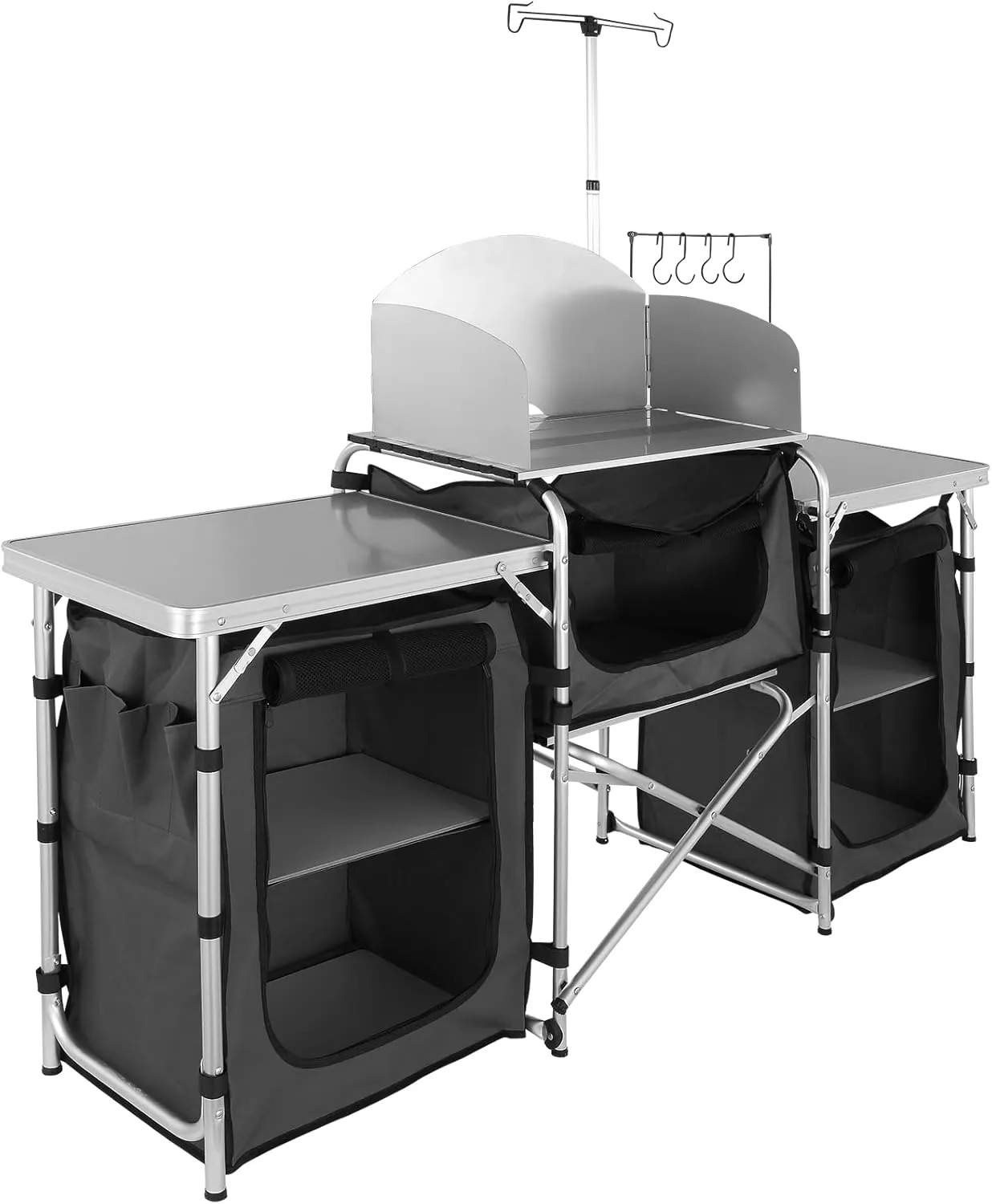 VBENLEM Camping Kitchen Table, Aluminum Portable Folding Camp Cook Table with Windshield, 3 Cupboard, Storage Organizer, Quick Installation for Outdoor Picnic Beach Party Cooking, Black