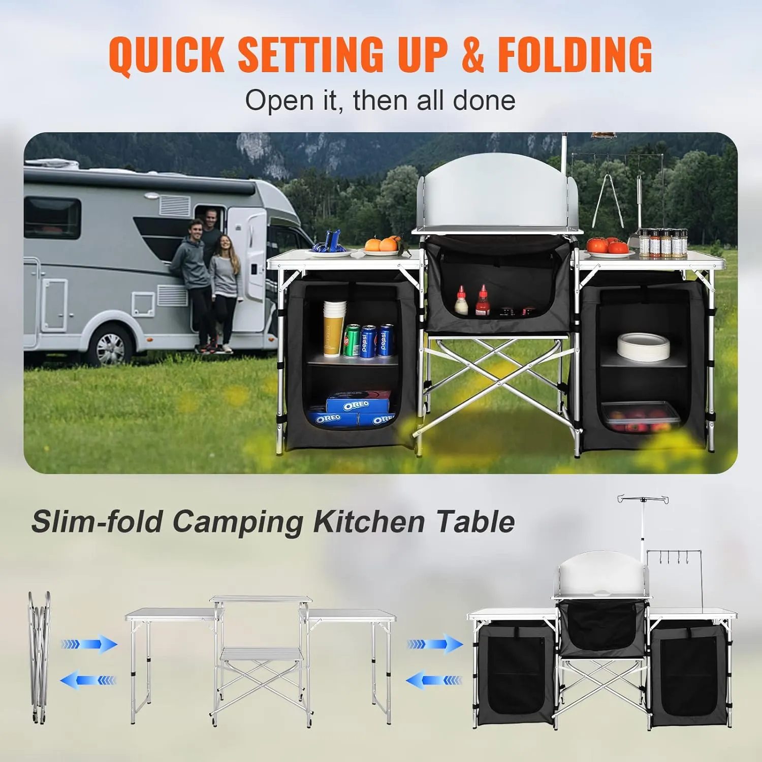 VBENLEM Camping Kitchen Table, Aluminum Portable Folding Camp Cook Table with Windshield, 3 Cupboard, Storage Organizer, Quick Installation for Outdoor Picnic Beach Party Cooking, Black