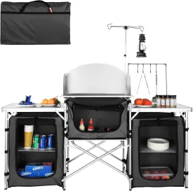 VBENLEM Camping Kitchen Table, Aluminum Portable Folding Camp Cook Table with Windshield, 3 Cupboard, Storage Organizer, Quick Installation for Outdoor Picnic Beach Party Cooking, Black