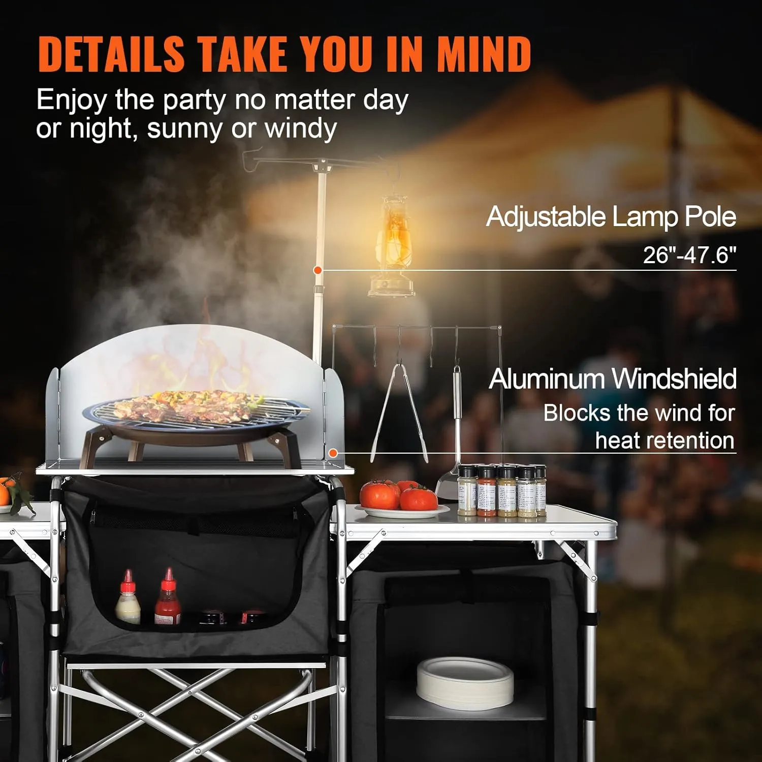 VBENLEM Camping Kitchen Table, Aluminum Portable Folding Camp Cook Table with Windshield, 3 Cupboard, Storage Organizer, Quick Installation for Outdoor Picnic Beach Party Cooking, Black