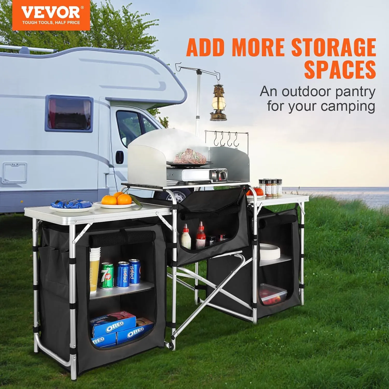 VBENLEM Camping Kitchen Table, Aluminum Portable Folding Camp Cook Table with Windshield, 3 Cupboard, Storage Organizer, Quick Installation for Outdoor Picnic Beach Party Cooking, Black
