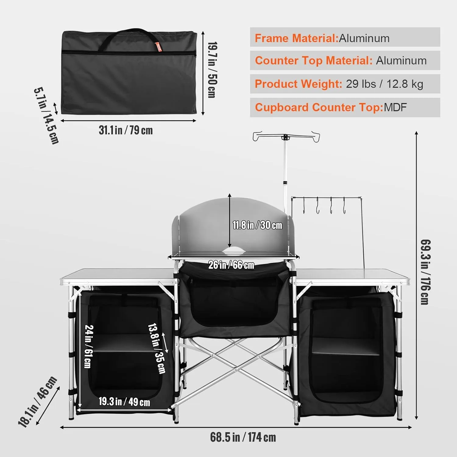 VBENLEM Camping Kitchen Table, Aluminum Portable Folding Camp Cook Table with Windshield, 3 Cupboard, Storage Organizer, Quick Installation for Outdoor Picnic Beach Party Cooking, Black
