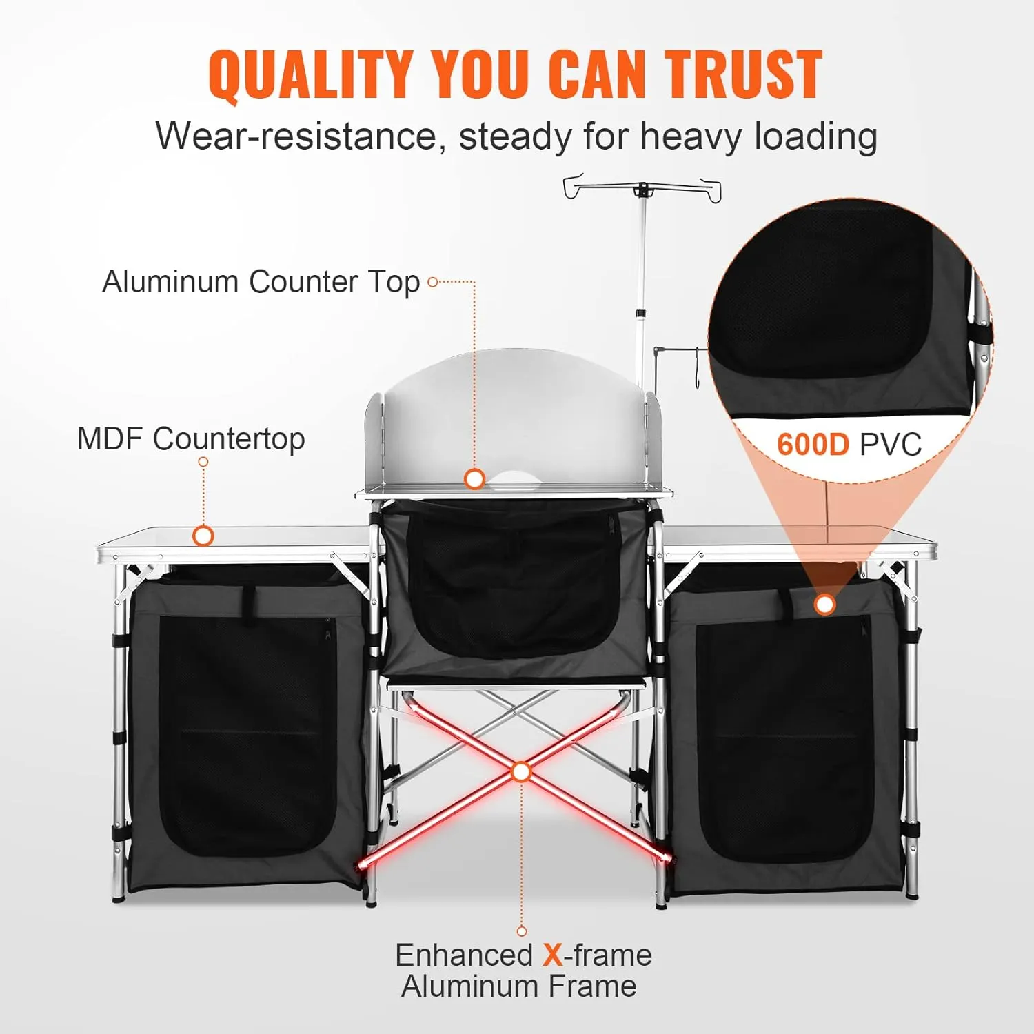 VBENLEM Camping Kitchen Table, Aluminum Portable Folding Camp Cook Table with Windshield, 3 Cupboard, Storage Organizer, Quick Installation for Outdoor Picnic Beach Party Cooking, Black