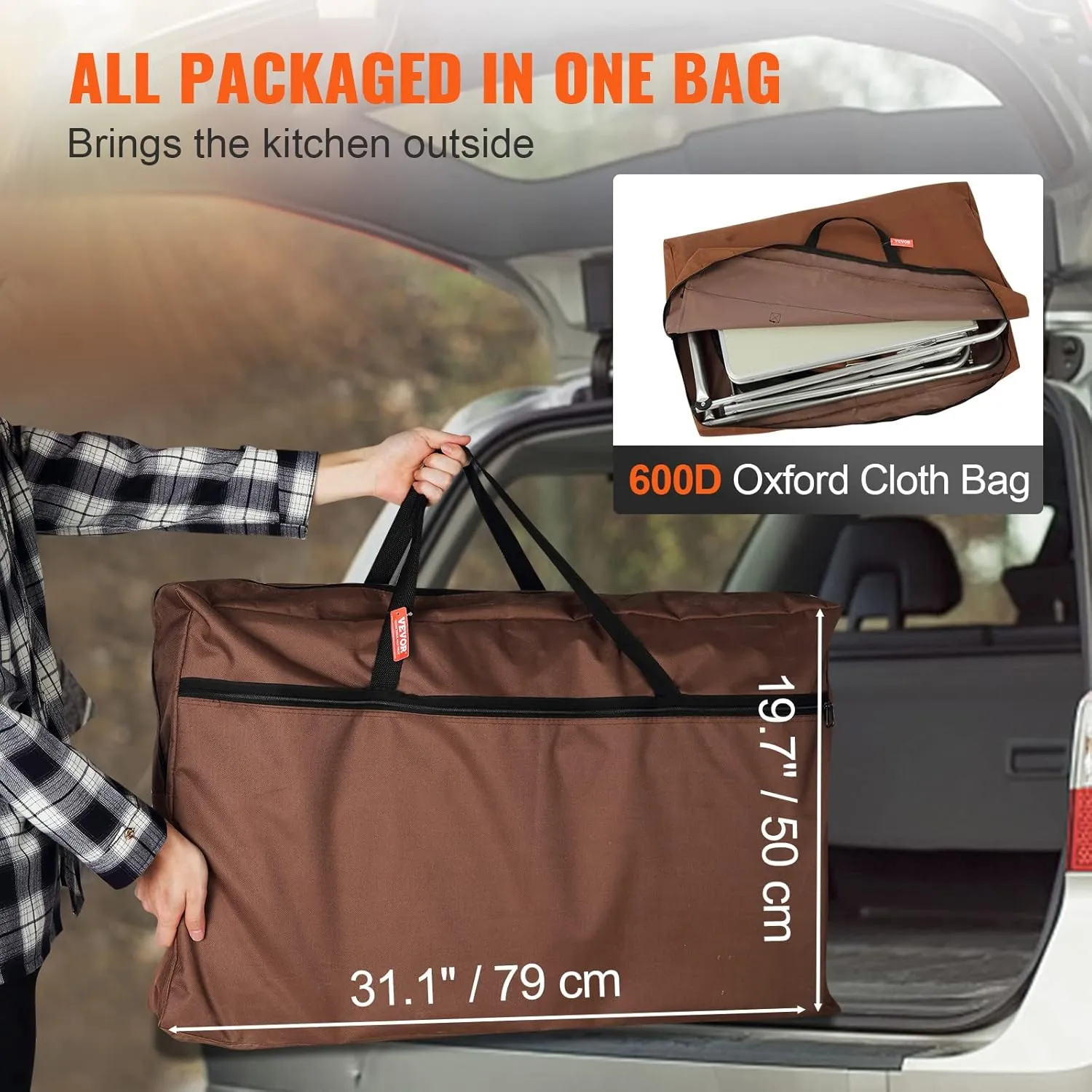 VBENLEM Camping Kitchen Table, Aluminum Portable Folding Camp Cook Table with Windshield, 3 Cupboard, Storage Organizer, Quick Installation for Outdoor Picnic Beach Party Cooking, Brown
