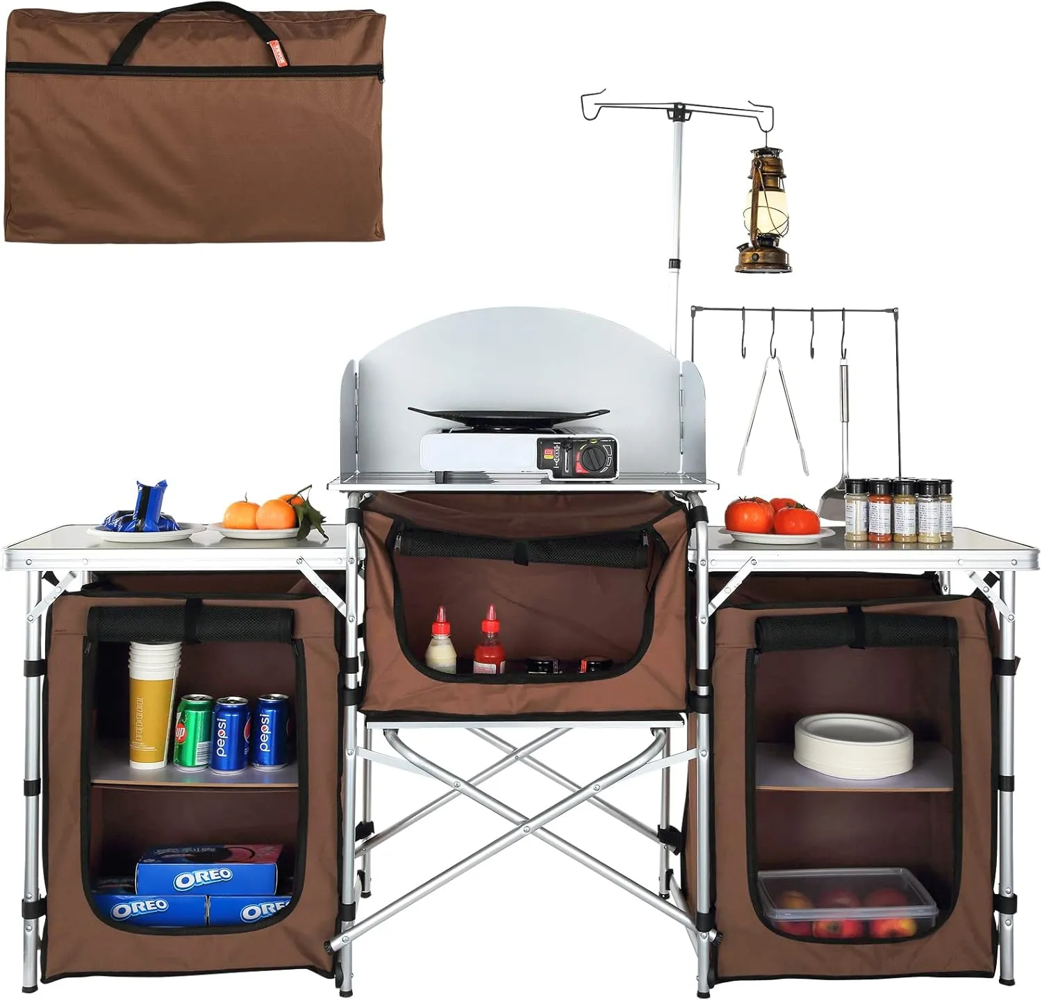 VBENLEM Camping Kitchen Table, Aluminum Portable Folding Camp Cook Table with Windshield, 3 Cupboard, Storage Organizer, Quick Installation for Outdoor Picnic Beach Party Cooking, Brown