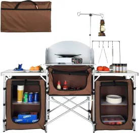 VBENLEM Camping Kitchen Table, Aluminum Portable Folding Camp Cook Table with Windshield, 3 Cupboard, Storage Organizer, Quick Installation for Outdoor Picnic Beach Party Cooking, Brown