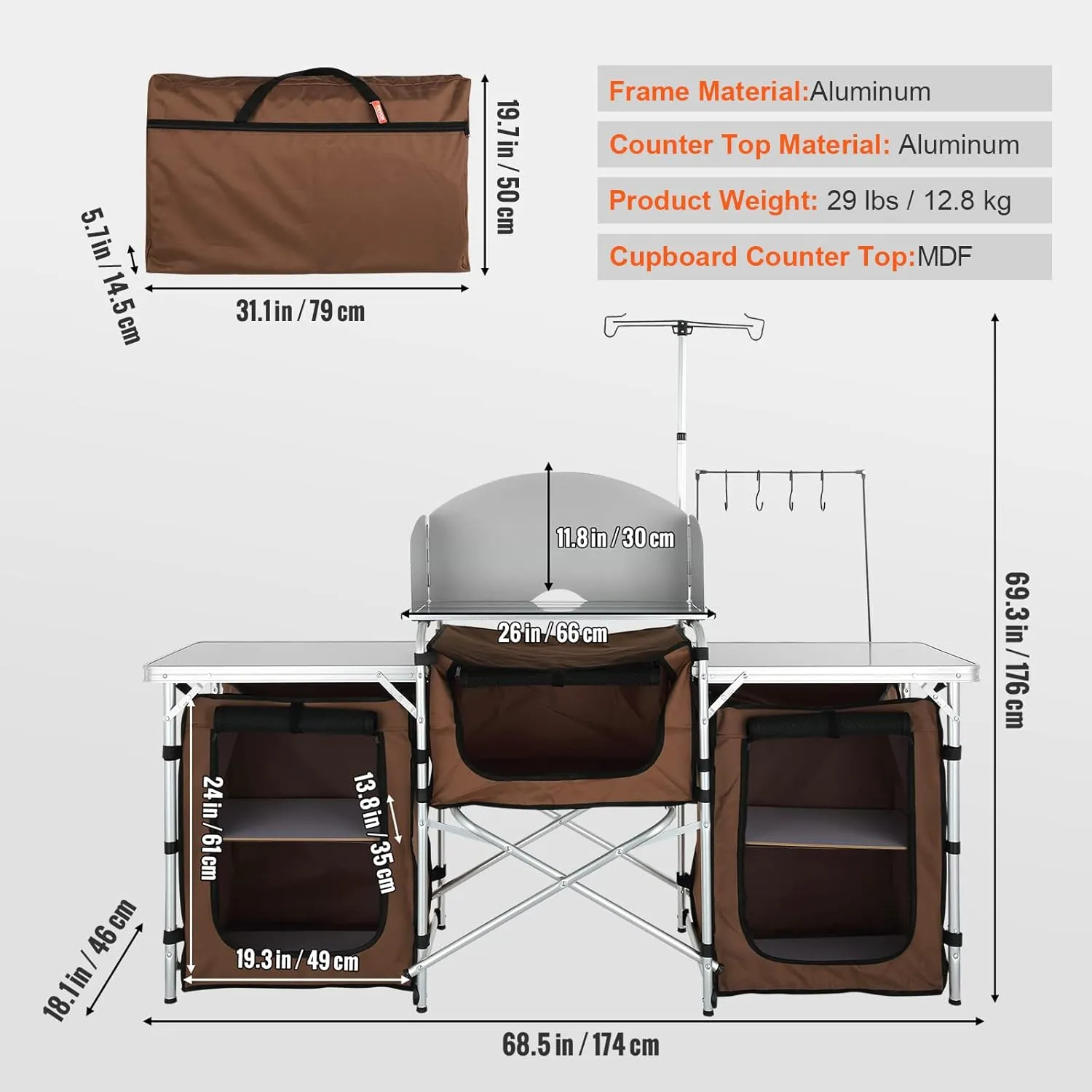 VBENLEM Camping Kitchen Table, Aluminum Portable Folding Camp Cook Table with Windshield, 3 Cupboard, Storage Organizer, Quick Installation for Outdoor Picnic Beach Party Cooking, Brown