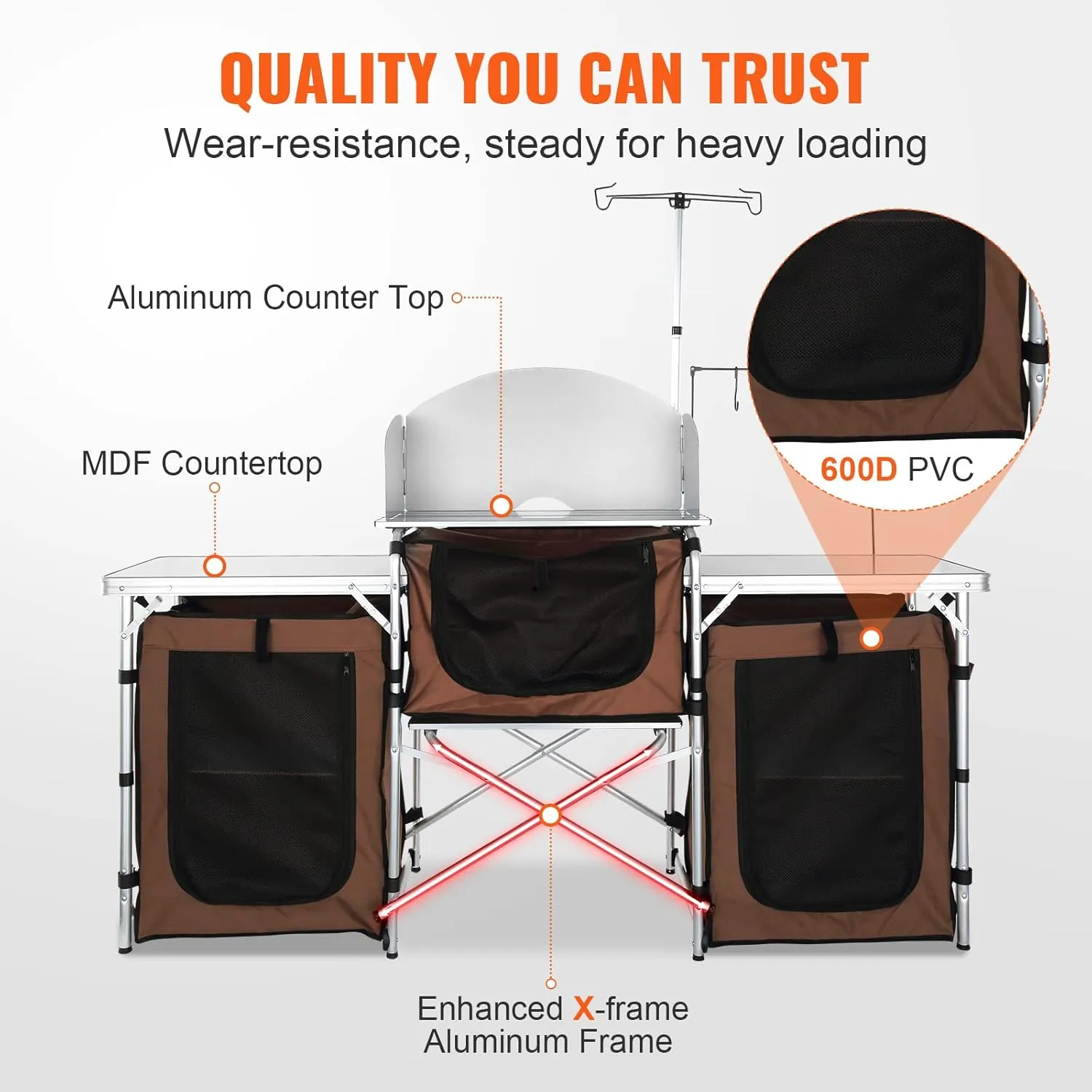 VBENLEM Camping Kitchen Table, Aluminum Portable Folding Camp Cook Table with Windshield, 3 Cupboard, Storage Organizer, Quick Installation for Outdoor Picnic Beach Party Cooking, Brown