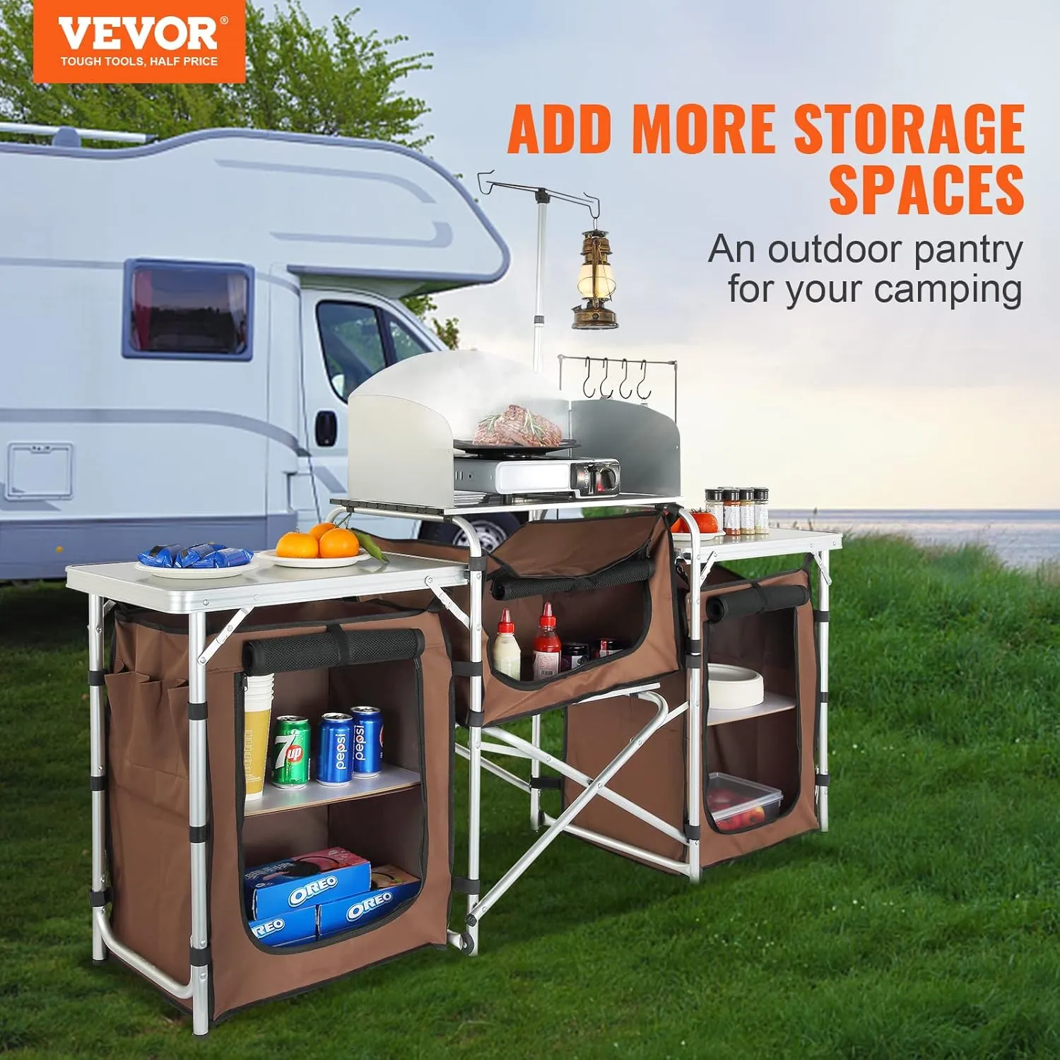 VBENLEM Camping Kitchen Table, Aluminum Portable Folding Camp Cook Table with Windshield, 3 Cupboard, Storage Organizer, Quick Installation for Outdoor Picnic Beach Party Cooking, Brown