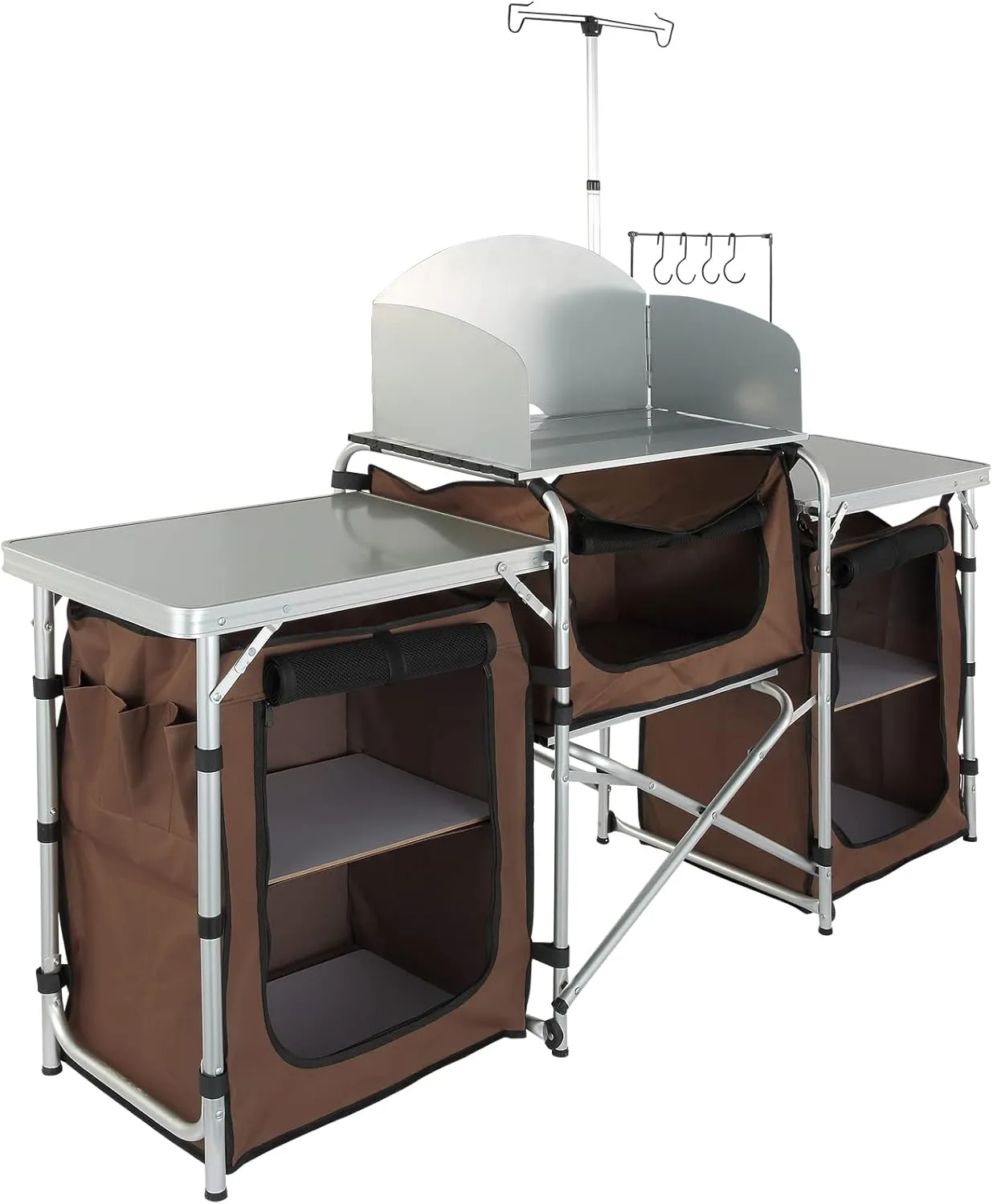 VBENLEM Camping Kitchen Table, Aluminum Portable Folding Camp Cook Table with Windshield, 3 Cupboard, Storage Organizer, Quick Installation for Outdoor Picnic Beach Party Cooking, Brown