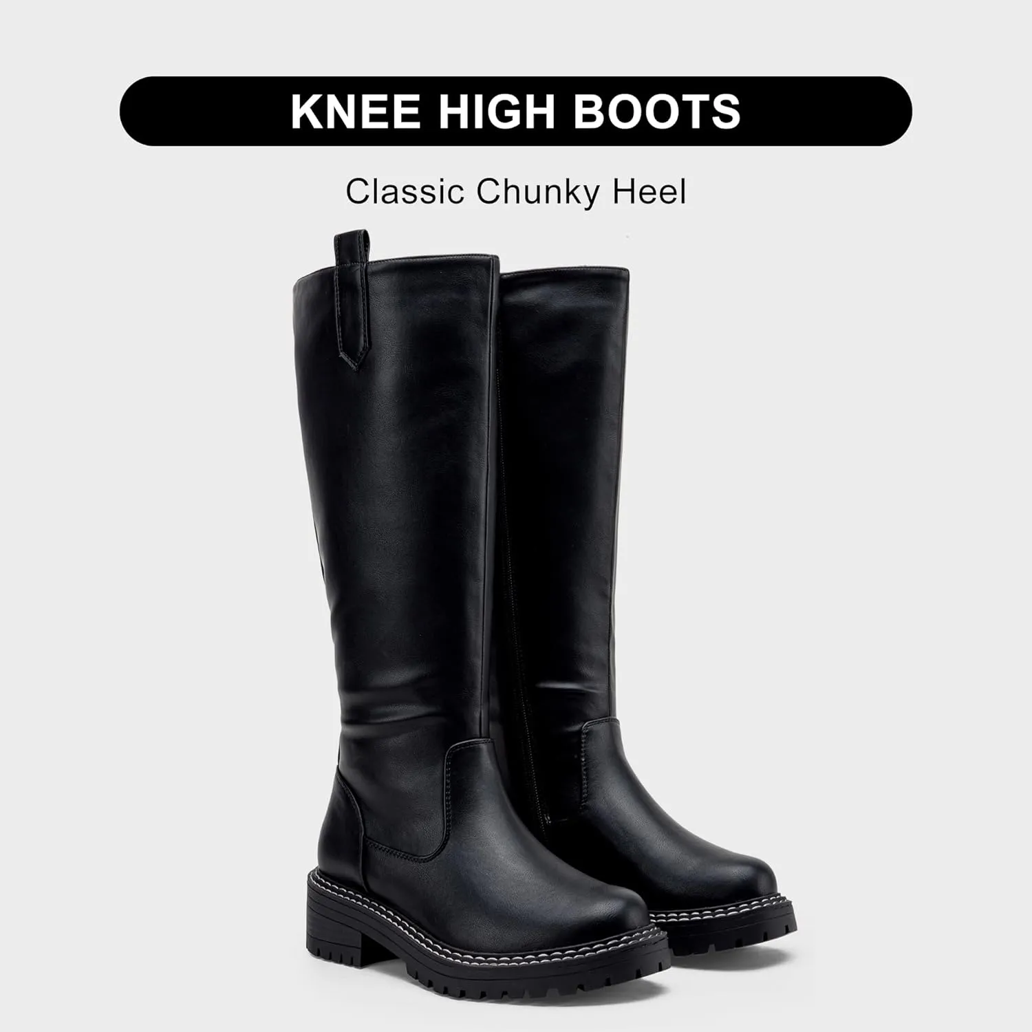Vepose Womens 9658 Knee High Boots Low Heel, Platform Tall Boots with Side Zipper for Ladies