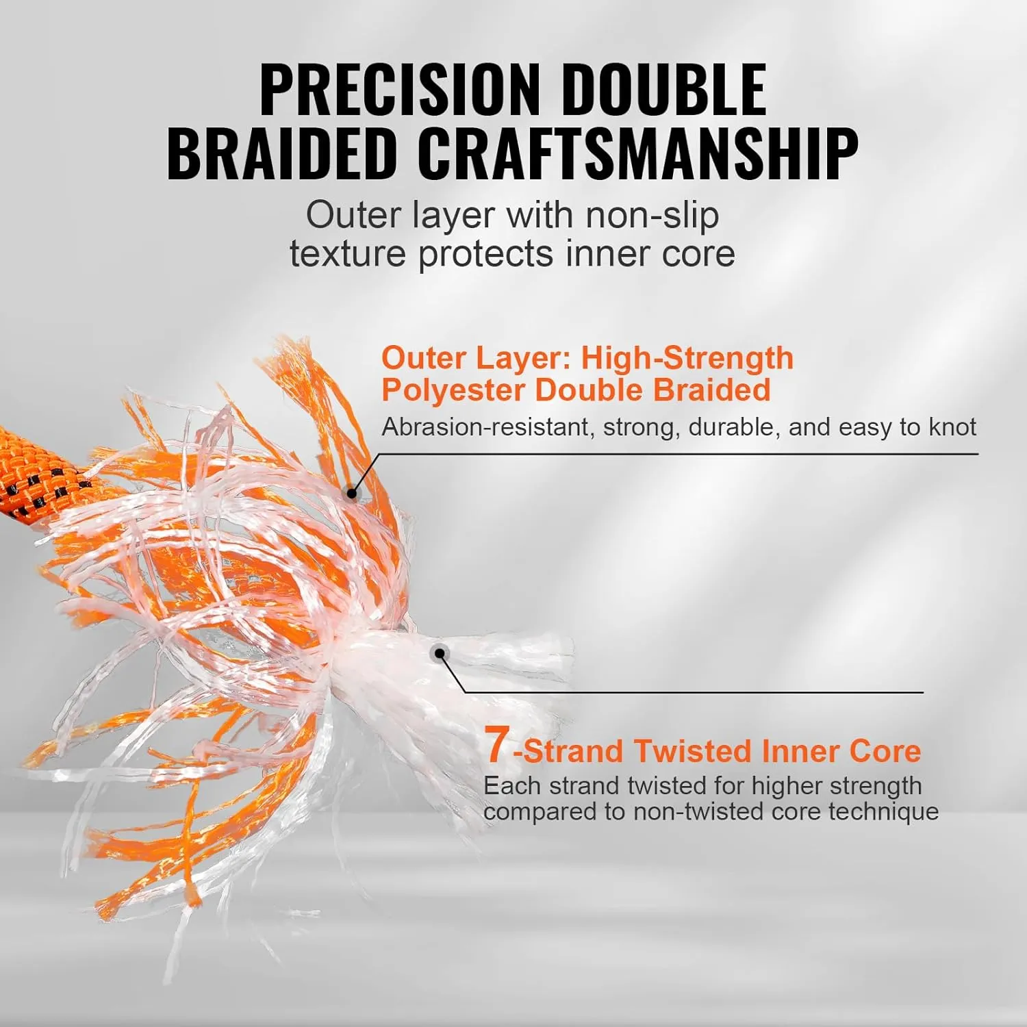 VEVOR Double Braided Polyester Rope, 1/2 in x 120 ft, 48 Strands, 8000 LBS Breaking Strength Outdoor Rope, Arborist Rigging Rope for Rock Hiking Camping Swing Rappelling Rescue, Orange/Black