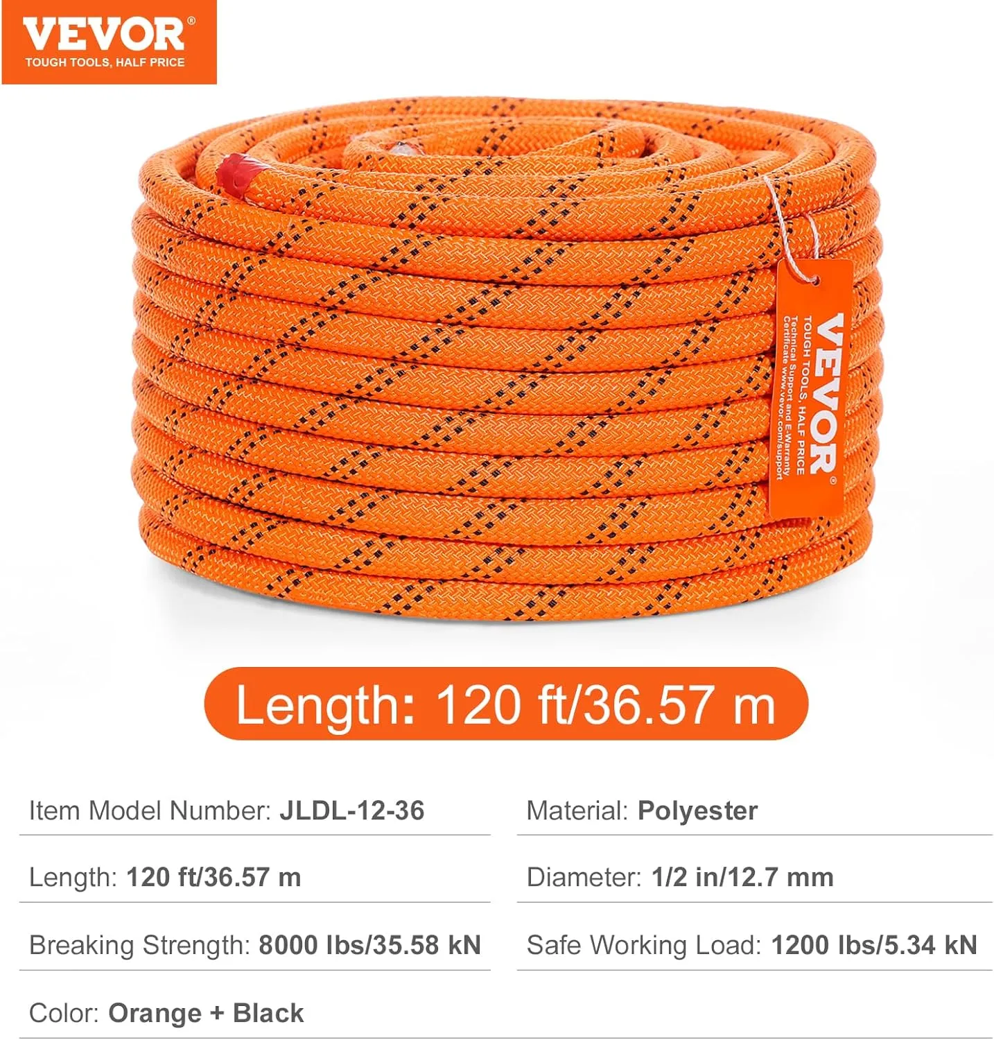 VEVOR Double Braided Polyester Rope, 1/2 in x 120 ft, 48 Strands, 8000 LBS Breaking Strength Outdoor Rope, Arborist Rigging Rope for Rock Hiking Camping Swing Rappelling Rescue, Orange/Black