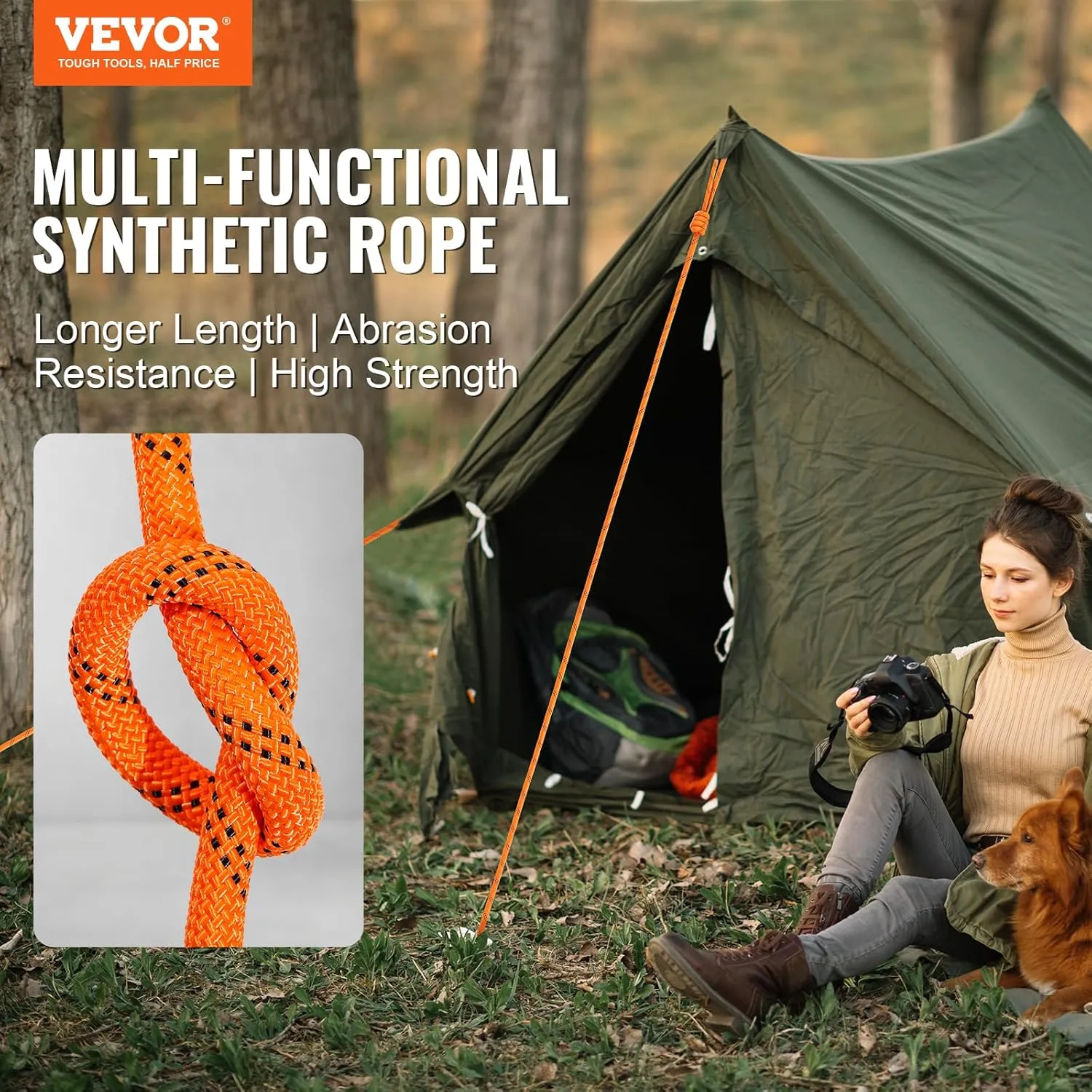 VEVOR Double Braided Polyester Rope, 1/2 in x 120 ft, 48 Strands, 8000 LBS Breaking Strength Outdoor Rope, Arborist Rigging Rope for Rock Hiking Camping Swing Rappelling Rescue, Orange/Black