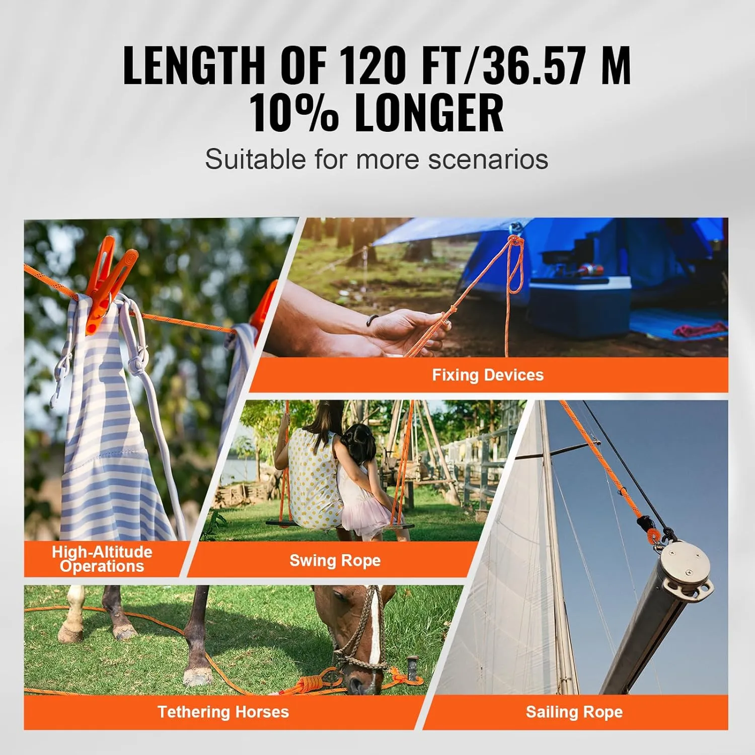 VEVOR Double Braided Polyester Rope, 1/2 in x 120 ft, 48 Strands, 8000 LBS Breaking Strength Outdoor Rope, Arborist Rigging Rope for Rock Hiking Camping Swing Rappelling Rescue, Orange/Black