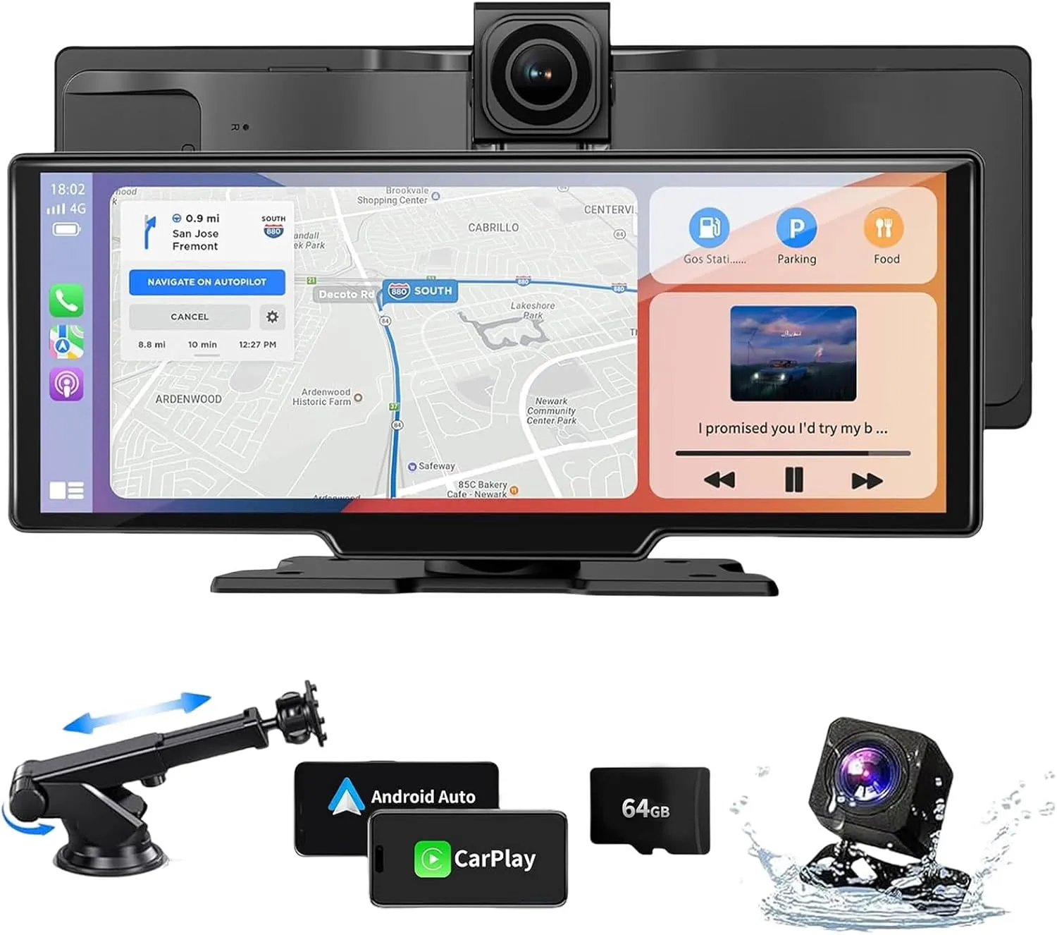 Wireless Car Stereo CarPlay Screen with 4K Dash Cam, 10.26" Apple Carplay & Android Auto Screen with 1080P Backup Camera/GPS Navigation/Mirror Link/Voice Control/Bluetooth