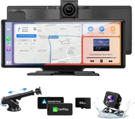 Wireless Car Stereo CarPlay Screen with 4K Dash Cam, 10.26" Apple Carplay & Android Auto Screen with 1080P Backup Camera/GPS Navigation/Mirror Link/Voice Control/Bluetooth