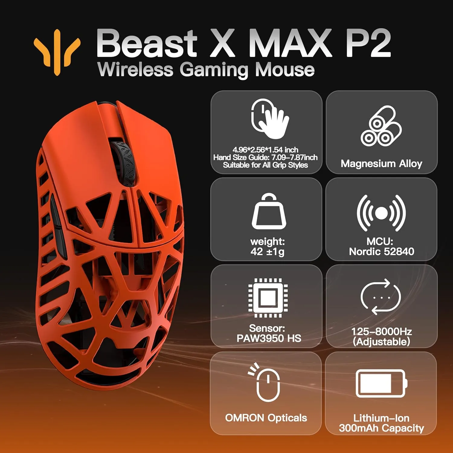 WLMOUSE Beast X Max Wireless Gaming Mouse - 8KHz Polling Rate, 42g Magnesium Alloy, PAW3950HS Sensor, Customizable DPI, OM & TTC Switches P2 (Fire Orange(OM Switch))