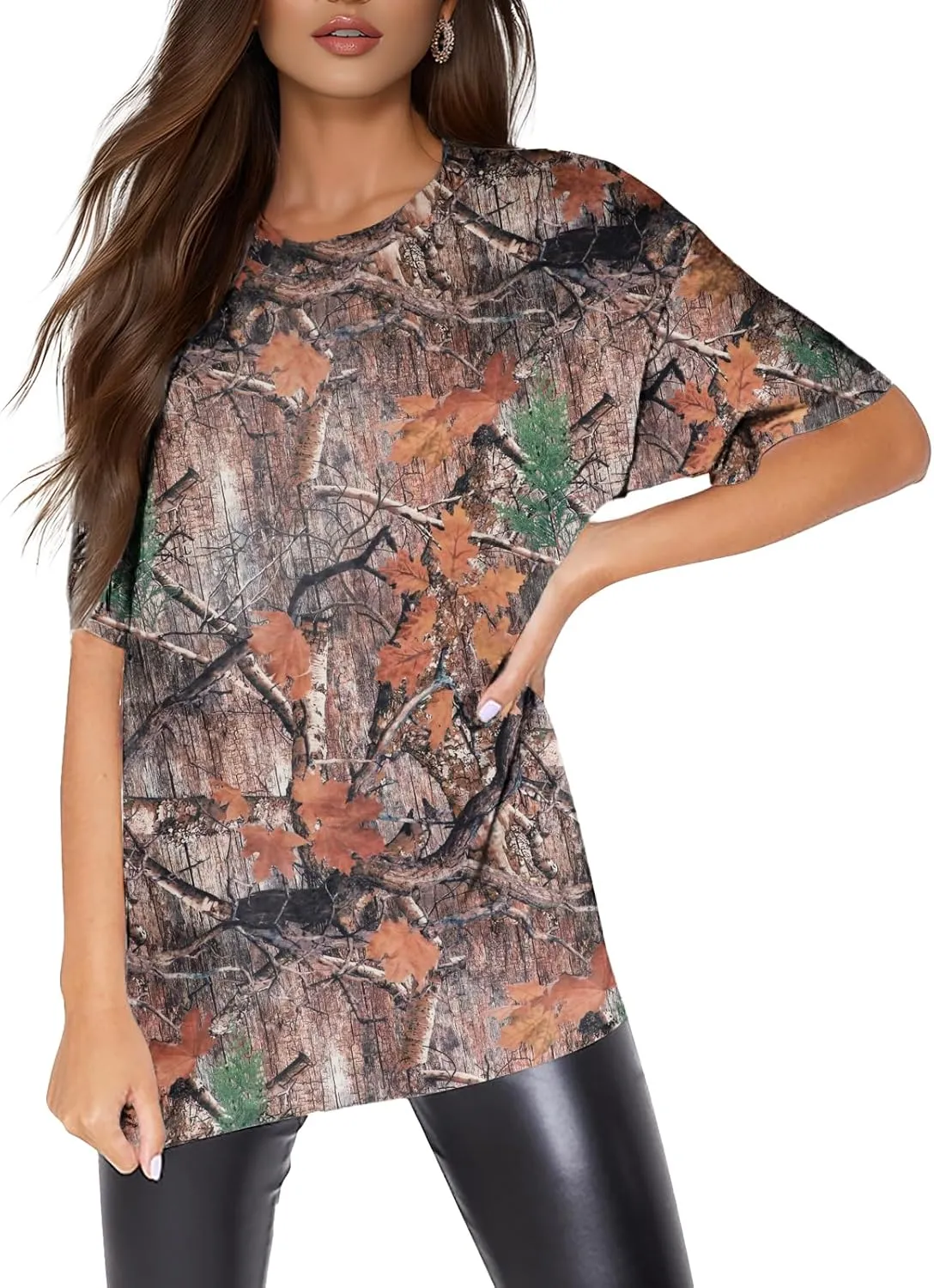Women Camo T Shirts Oversized Trendy Short Sleeve Tree Leaf Tees Camouflage Graphic Summer Tops