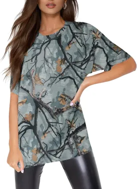 Women Camo T Shirts Oversized Trendy Short Sleeve Tree Leaf Tees Camouflage Graphic Summer Tops