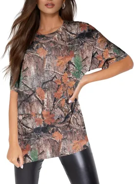 Women Camo T Shirts Oversized Trendy Short Sleeve Tree Leaf Tees Camouflage Graphic Summer Tops