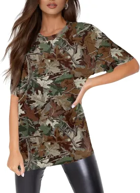 Women Camo T Shirts Oversized Trendy Short Sleeve Tree Leaf Tees Camouflage Graphic Summer Tops
