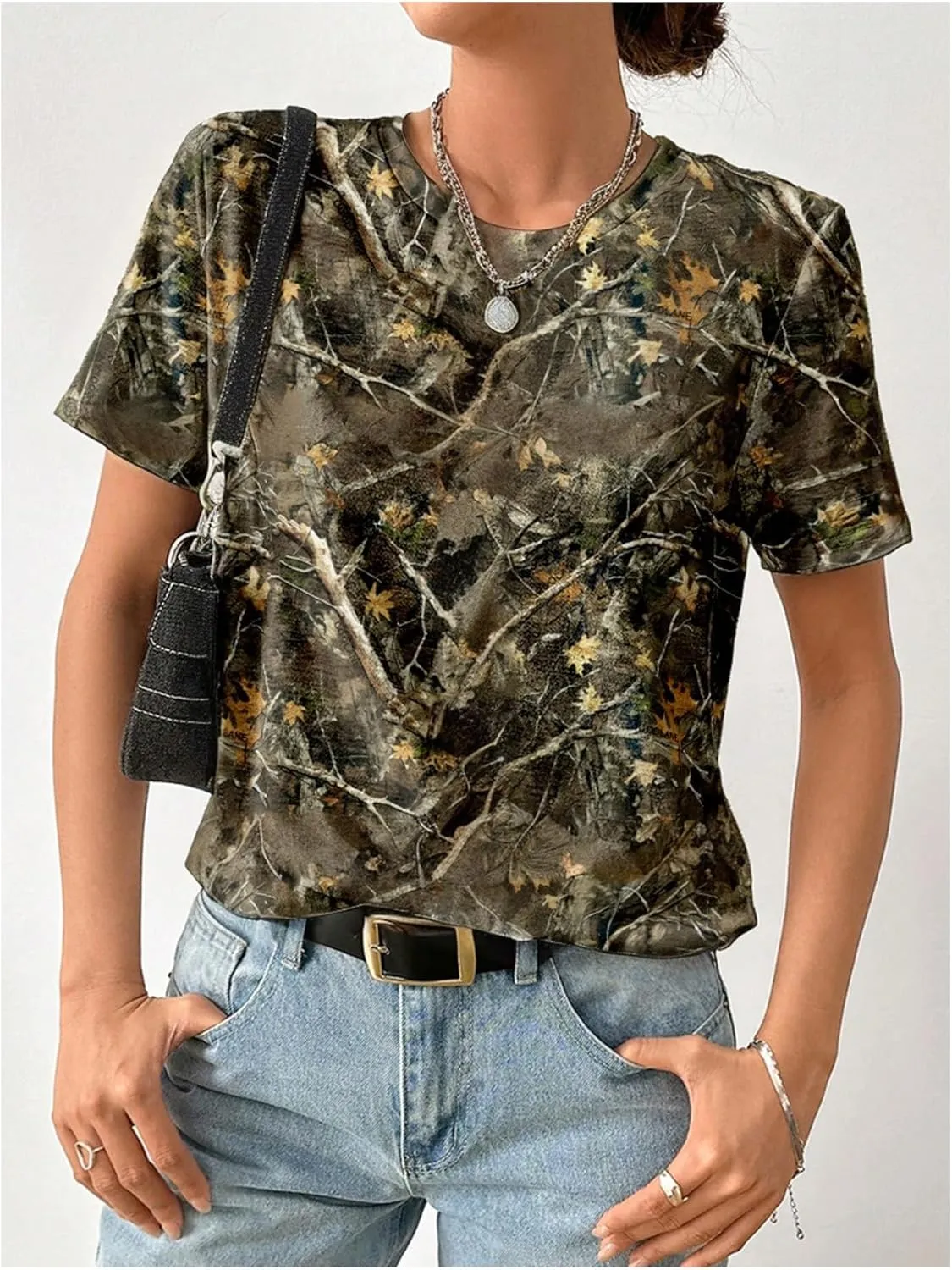 Women's Camo Shirt Tees Crew Neck Drop Shoulder Short Sleeve Camouflage T Shirt Tops Turkey Hunting Shirt