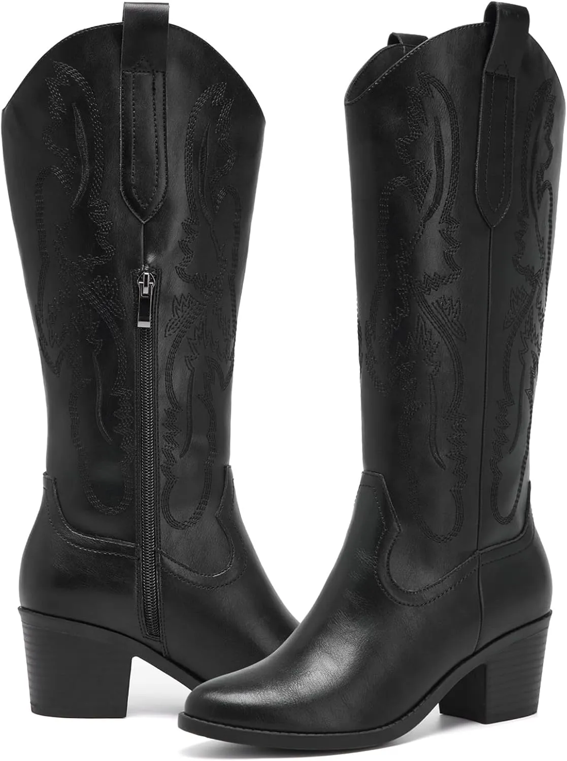 Women's Cowboy Boots Knee High with Side Zipper Wide Calf Cowgirl Boots Comfortable Western Classic Embroidered Pointy Toe Fashion Retro Classic Pull On Tall Boot Fall Winter