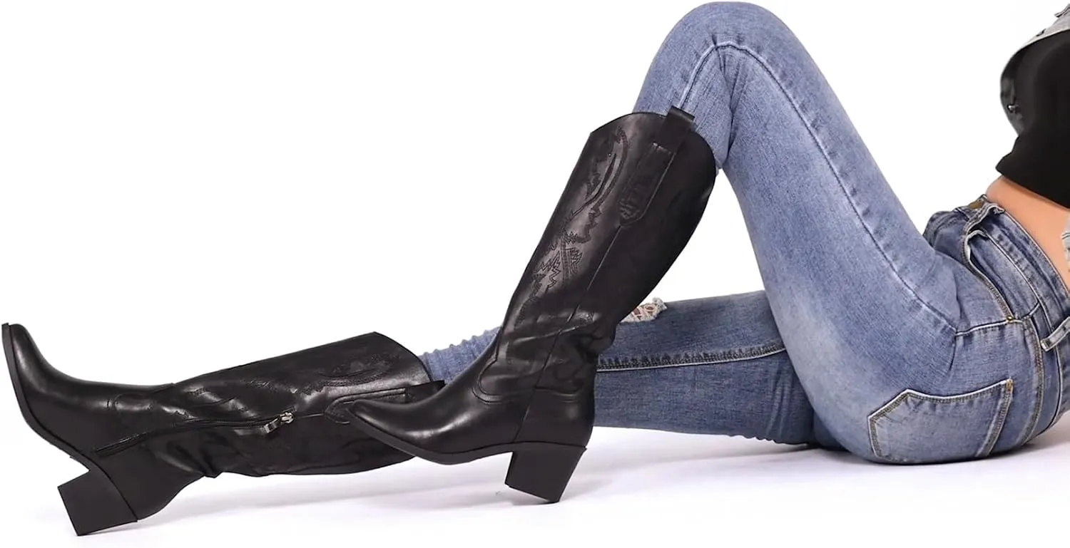Women's Cowboy Boots Knee High with Side Zipper Wide Calf Cowgirl Boots Comfortable Western Classic Embroidered Pointy Toe Fashion Retro Classic Pull On Tall Boot Fall Winter