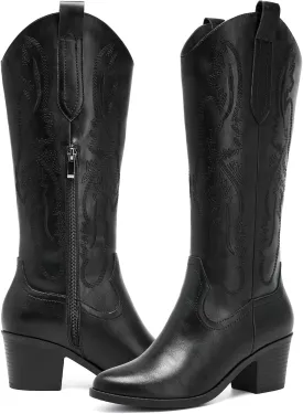 Women's Cowboy Boots Knee High with Side Zipper Wide Calf Cowgirl Boots Comfortable Western Classic Embroidered Pointy Toe Fashion Retro Classic Pull On Tall Boot Fall Winter