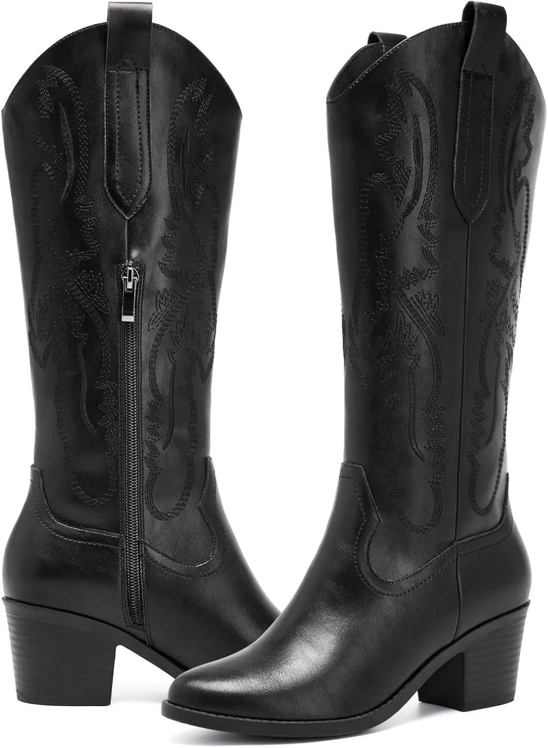 Women's Cowboy Boots Knee High with Side Zipper Wide Calf Cowgirl Boots Comfortable Western Classic Embroidered Pointy Toe Fashion Retro Classic Pull On Tall Boot Fall Winter