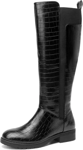 Women's Flat Low Heel Knee High Boot Fashion Extra Wide Calf Boots Side Zip Stretch Winter Booties
