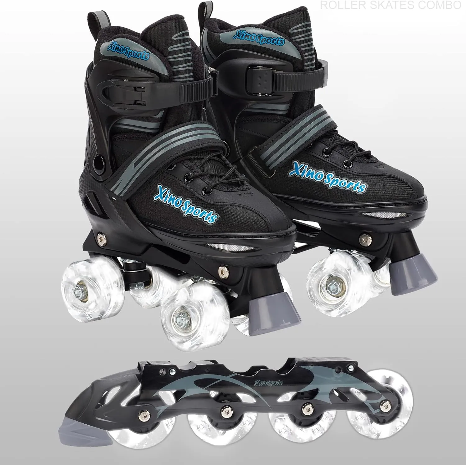 XINO SPORTS 2 in 1 Combo, Kids Roller Skates | Inline Skates - Interchangeable LED Light Up Skates for Kids Ages 6-12, Teens & Adults, Inline Skates for Girls and Boys, Adjustable Roller Skates Blades