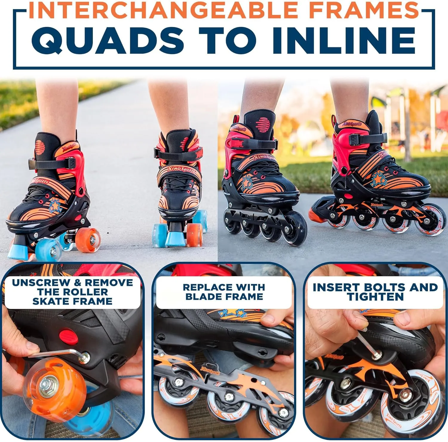 XINO SPORTS 2 in 1 Combo, Kids Roller Skates | Inline Skates - Interchangeable LED Light Up Skates for Kids Ages 6-12, Teens & Adults, Inline Skates for Girls and Boys, Adjustable Roller Skates Blades