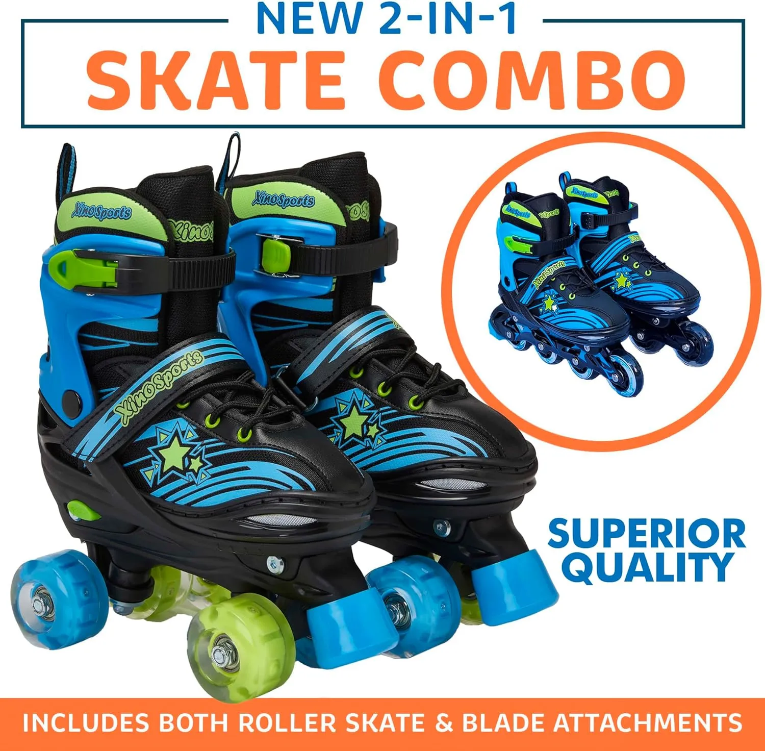 XINO SPORTS 2 in 1 Combo, Kids Roller Skates | Inline Skates - Interchangeable LED Light Up Skates for Kids Ages 6-12, Teens & Adults, Inline Skates for Girls and Boys, Adjustable Roller Skates Blades