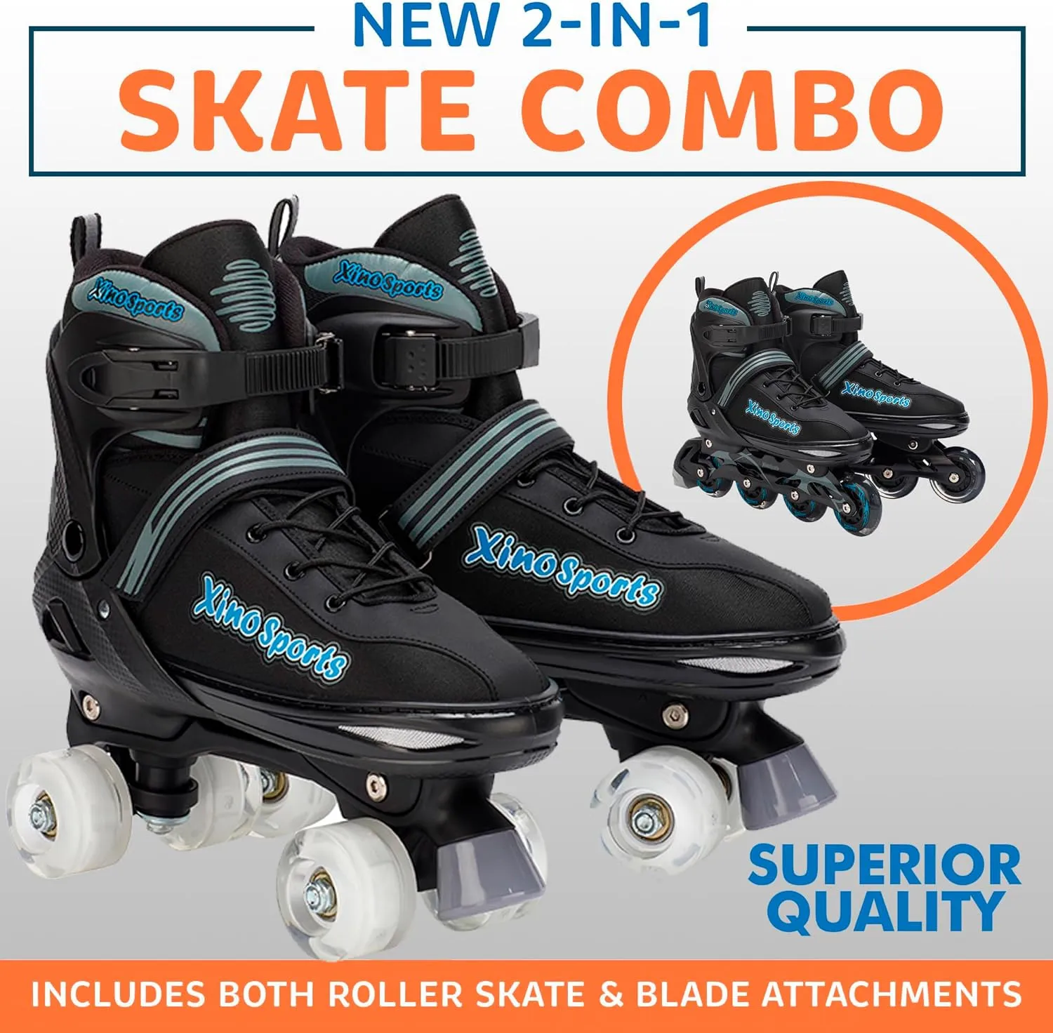 XINO SPORTS 2 in 1 Combo, Kids Roller Skates | Inline Skates - Interchangeable LED Light Up Skates for Kids Ages 6-12, Teens & Adults, Inline Skates for Girls and Boys, Adjustable Roller Skates Blades