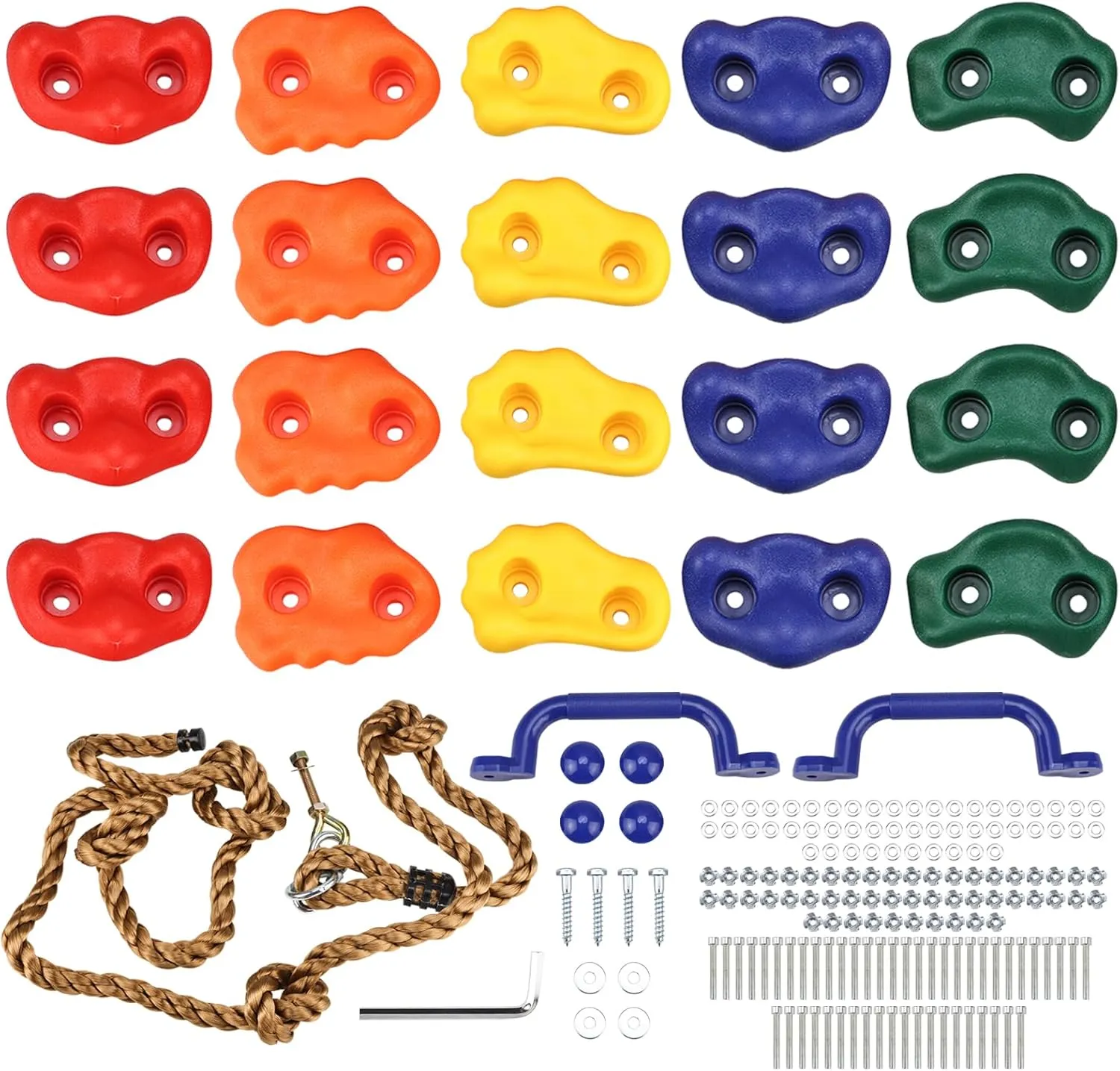 Yaegoo 20 PCS Rock Climbing Holds with Climbing Rope and Handles, Rock Wall Climbing Holds Kit for Indoor and Outdoor Playset, Mounting Hardware Included