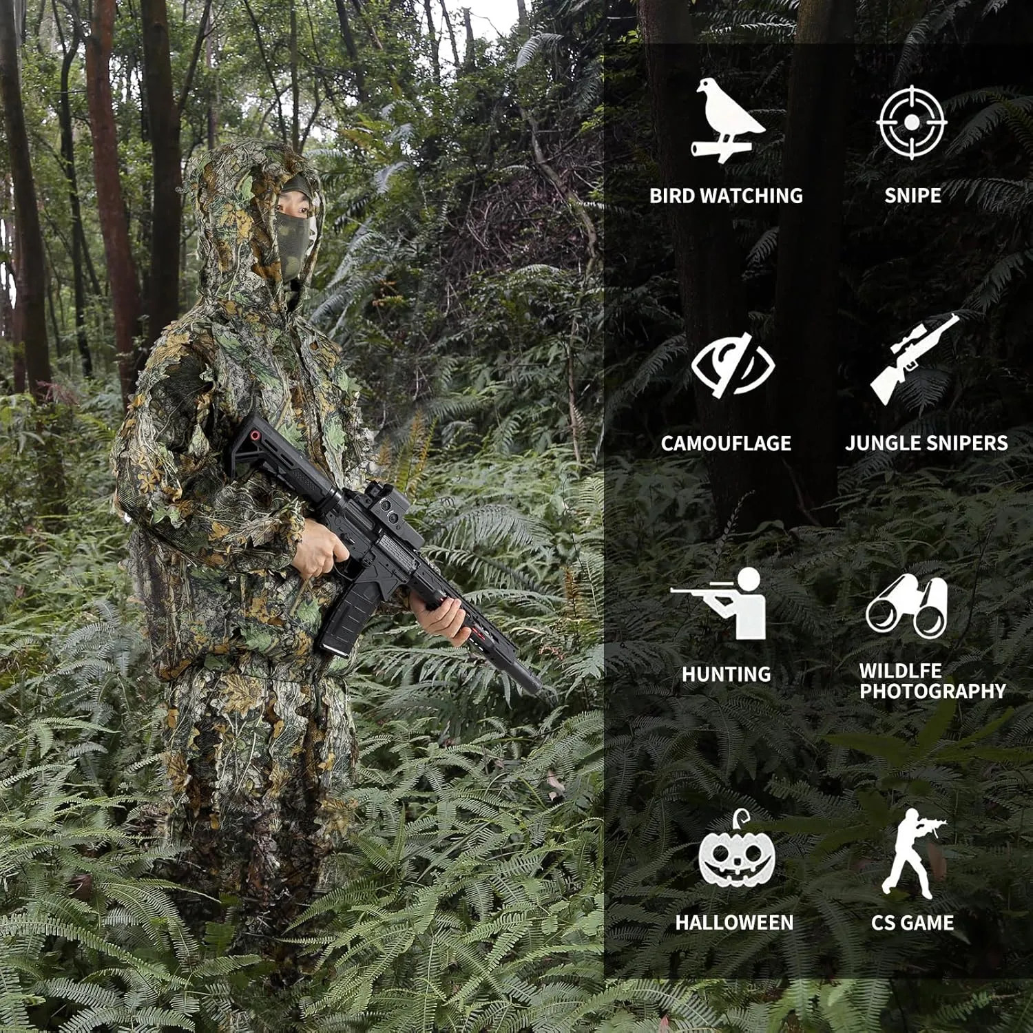 Zicac Outdoor Camo Ghillie Suit 3D Leafy Camouflage Clothing Jungle Woodland Hunting